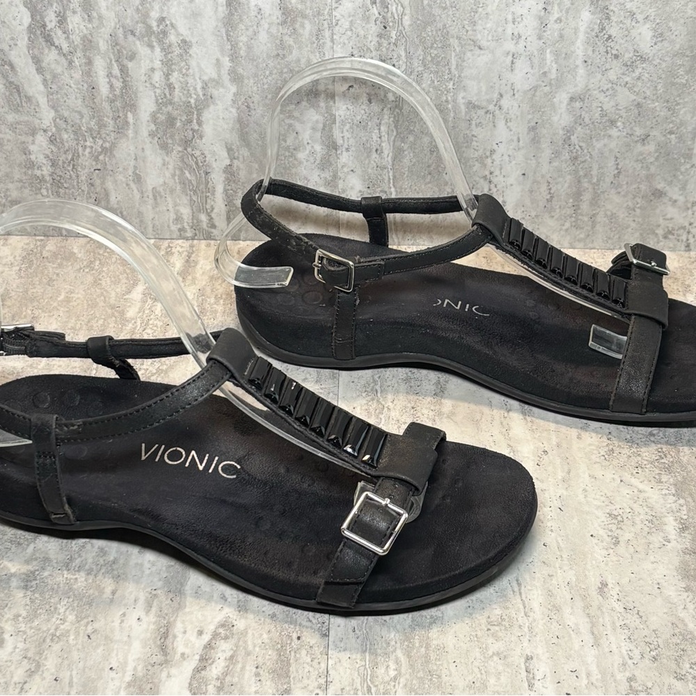 Vionic Navassa Black Leather Arch Support T Strap Embellished Sandals Sz 7